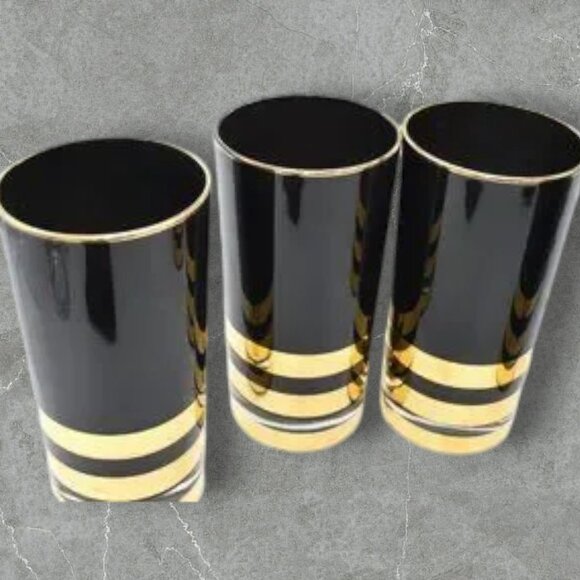 MCM Black with Gold Trim Hi-Ball Bar Drinking Glasses Set of 6 Tom Collins - Picture 7 of 9